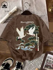 Men's Japanese Aesthetic Fitted T-Shirt, Breathable Pure Cotton Crane Pine Wave Print, Daily Wear & Travel Style, Comfortable Casual Top