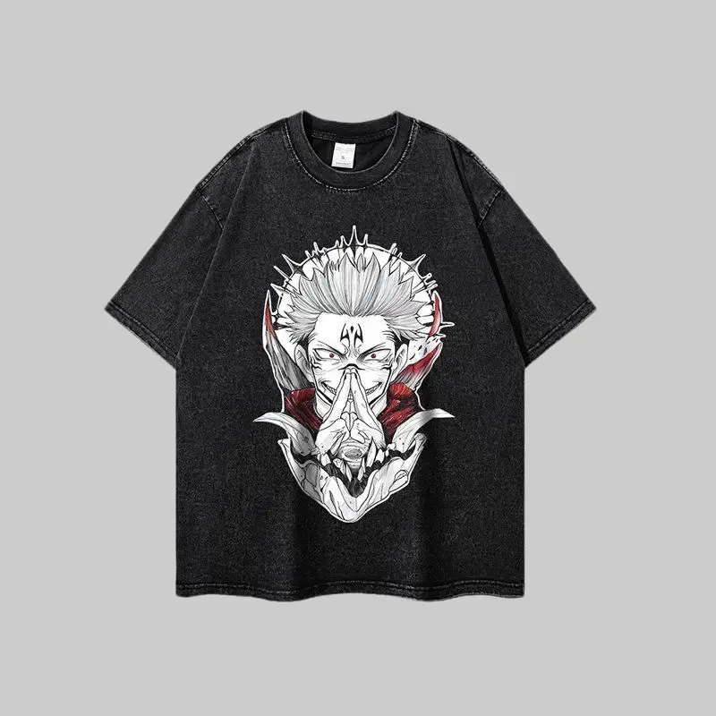 Men's Japanese Jujutsu Kaisen Sukuna Anime Print T-Shirt - Casual Soft Cotton Retro Washed Oversized Crew Neck Short-Sleeve Vintage Top with Distressed Edges, Fade & Machine Washable, Perfect Gift for Otaku & Manga Fans, Ideal for Anime Conventions