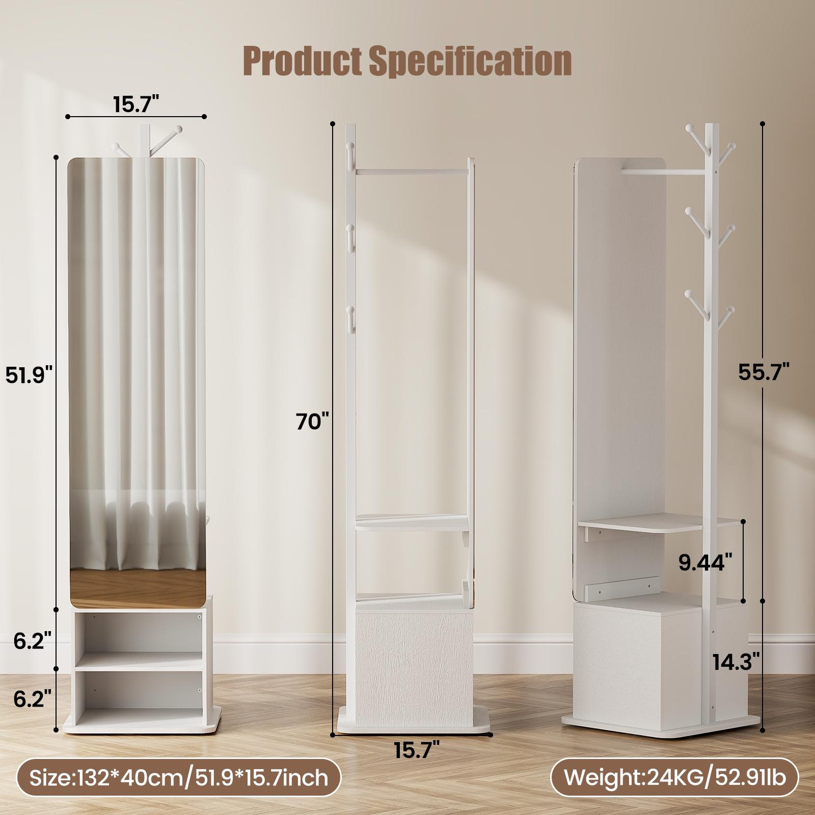 Flycity Solid wood material large mirror with a closet, full-size mirror, full-length mirror with storage rack at the bedside or in the living room (black and white styles can be rotated) Organization Furniture