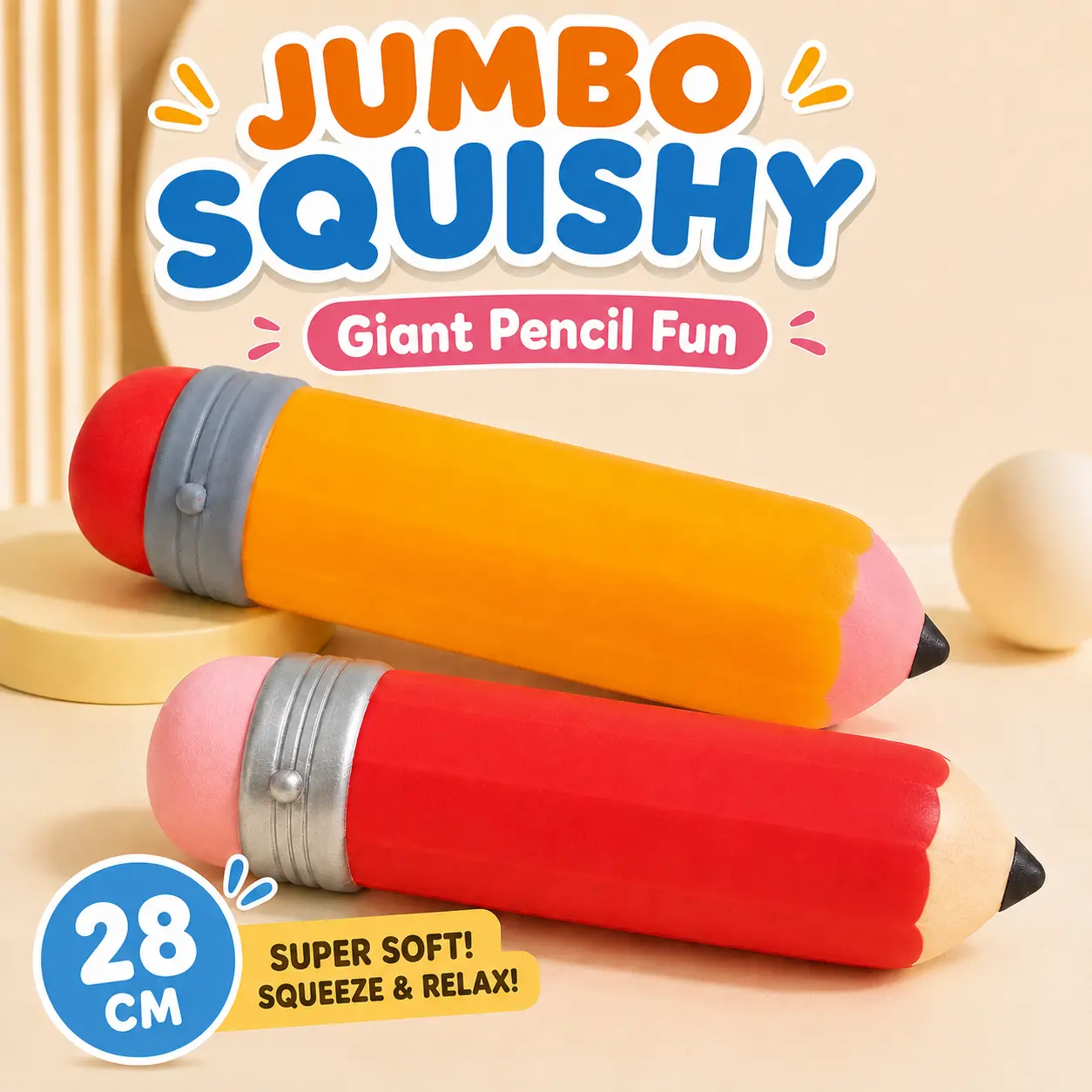 28cm Unisex Jumbo Pencil Squishy - Soft TPR Stress Relief Sensory Fidget Toy with Shaving Cream Filling for Fidgeting, Squishy Toys Enthusiasts (High Softness)