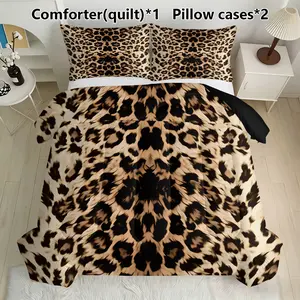 Classic Leopard Print Bedding Set, Includes 1 Comforter & 2 Pillowcases, Safari Animal Decor, Synthetic Fiber Material, Soft Bedding Set