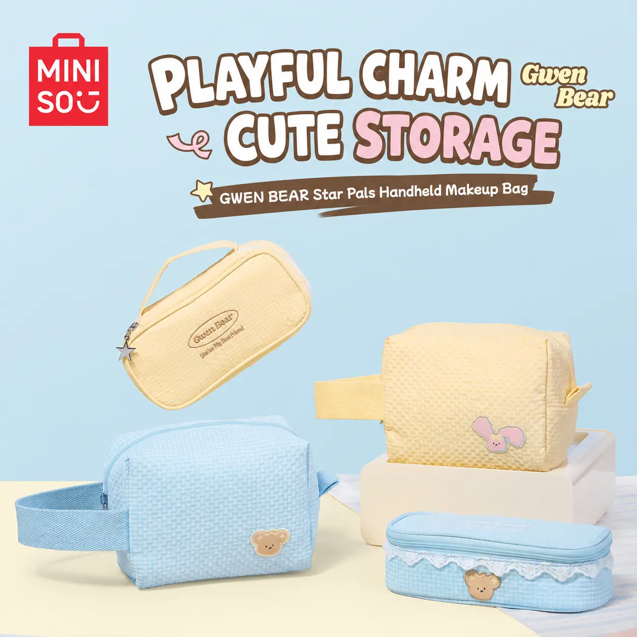 Miniso Gwen Bear Cheese Planet Friends Cosmetic Bag, Chic Multi-Compartment Makeup Organizer with Top Handle and Zip Closure for Travel, Travel Use, Built-In Organizer, Cosmetics And Toiletries, Cute, Foldable Shape, Back To School, Makeup Pouch For Purse
