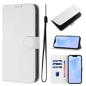 For iPhone SE2 SE3 7 8 Plus XR XS Max Pure Color Leather Sleeve PU Leather Handbag Purse Flip Cover, Kickstand Folio Case With Lanyard