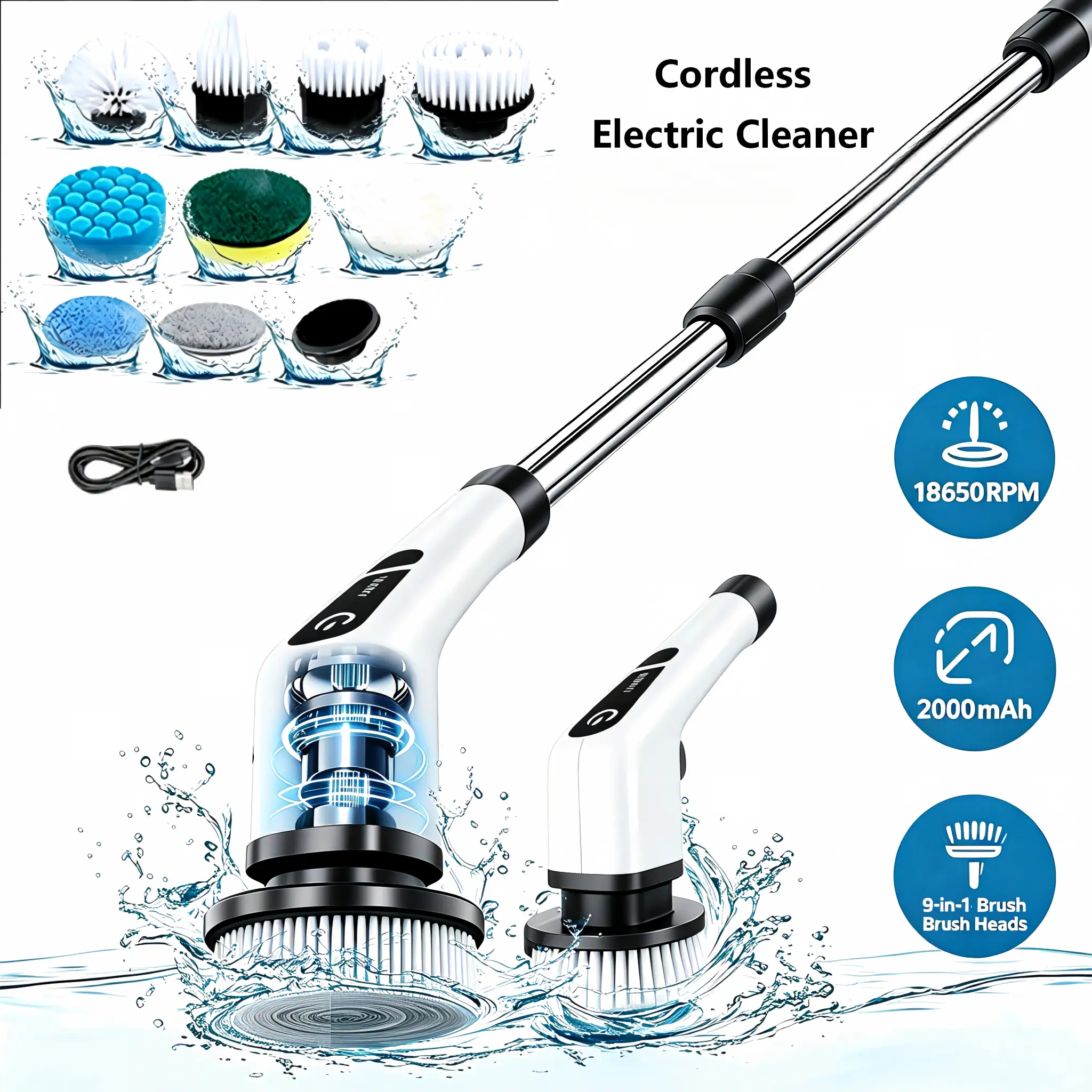 Electric Spin Scrubber Cordless, Shower Scrubber with 5-Speed IPX7 Waterproof Power Scrubber, 9 Replaceable Brush Heads Electric Cleaning Brush with Extendable Handle for Bathroom, Tile, Tub, Floor, Kitchen & Grout Cleaning Back to School
