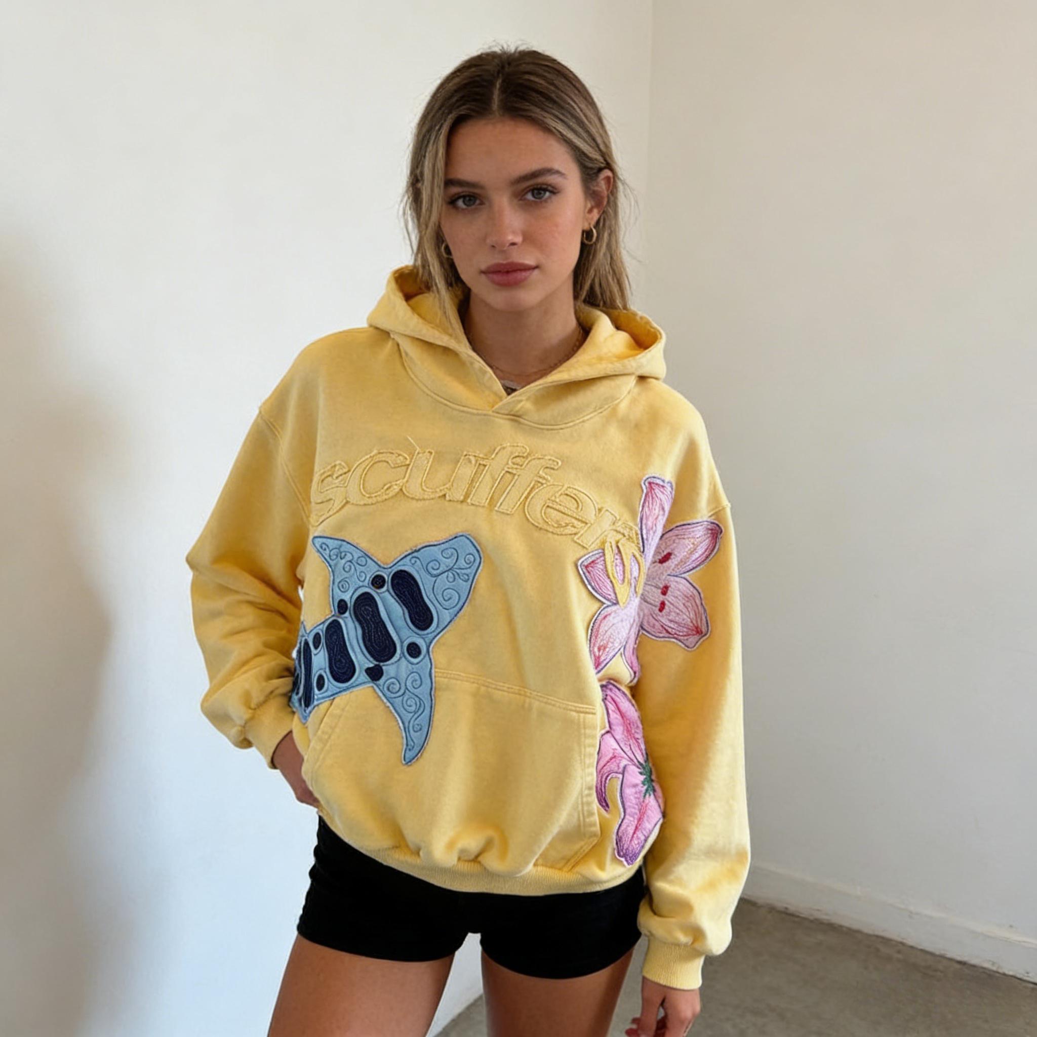 Vintage Yellow Oversized Hoodie, Handmade Embroidered Patchwork Sweatshirt, Y2K Aesthetic Streetwear, Retro Floral & Stingray Design, Casual Comfy Pullover for Women, 2000s Grunge Fashion Top