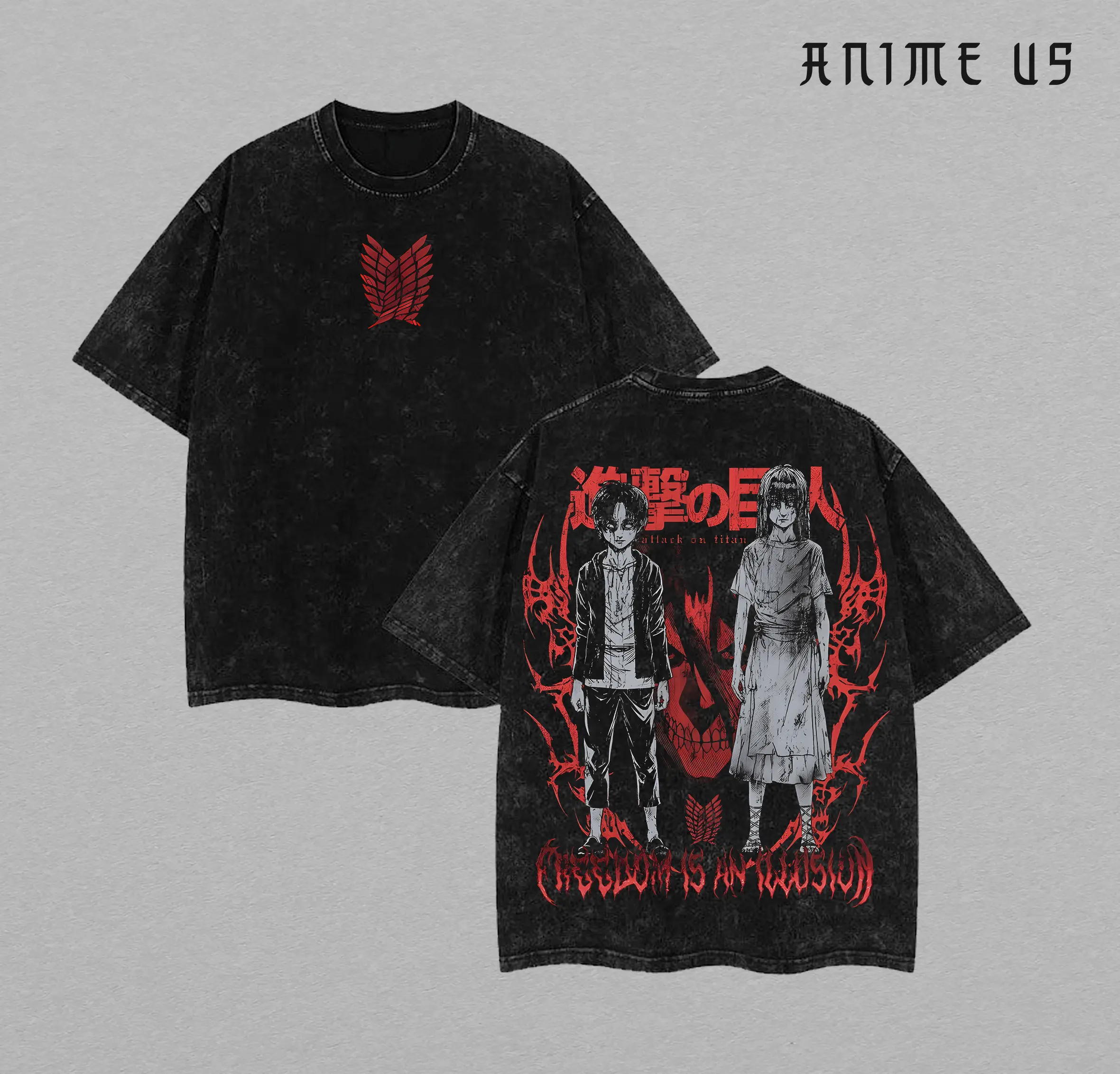 Eren Jaeger x Founding Titan x  Attack on Titan Anime Double Printed Vintage Washed Tee Unisex Oversize Heavyweight Cotton T-shirt for Anime Fans and Lovers