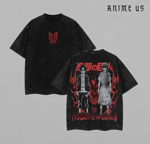 Eren Jaeger x Founding Titan x  Attack on Titan Anime Double Printed Vintage Washed Tee Unisex Oversize Heavyweight Cotton T-shirt for Anime Fans and Lovers
