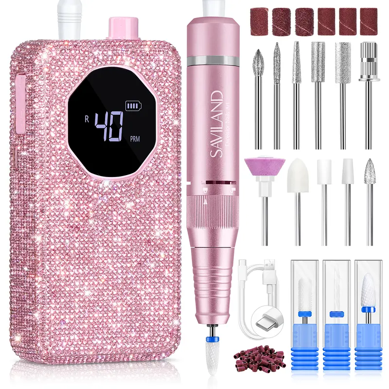 SAVILAND Professional Ultra-Speed 40000 RPM Pen-Shaped E-File Nail Drill, Portable Rechargeable Unisex Nail Care Tool with 4000mAh Battery, LCD Control, User-Friendly Design, Ceramic Bits, Sanding Bands for Fast Manicure (Single Item),familyfun