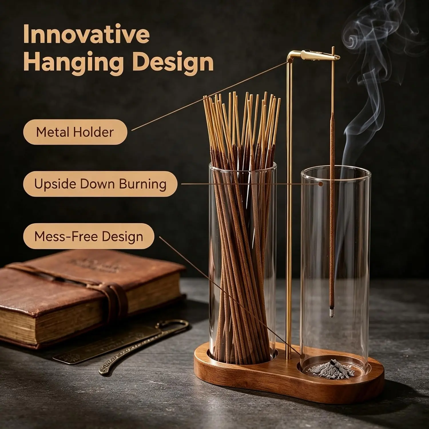 Incense Holder 2 in 1 upside down with ash catcher & storage hanging stick for meditation, yoga & home decor (dark brown )