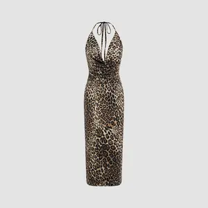 Cider [size 0-10] Cowl Neck Leopard Knotted Halter Backless Maxi Dress