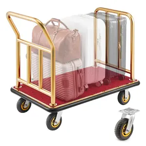 【FathersDayGift】VEVOR Hotel Luggage Cart, 750 lbs Heavy Duty Bellman Cart with Stainless Steel Frame, 6 in Rubber Wheels, Red Carpeted Deck, Commercial Luggage Carrier Rolling Trolley for Hotels, Resorts, Gold