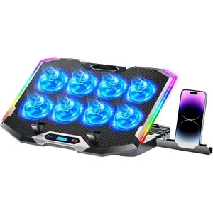 Gaming Laptop Cooling Pad with 8 Cooling Fans, Laptop Fan Cooler Pad for 15-17.3 Inch, Notebook Cooler Stand with 6 Height Adjustable, RGB Cooling Pad with Two USB Port + Phone Stand
