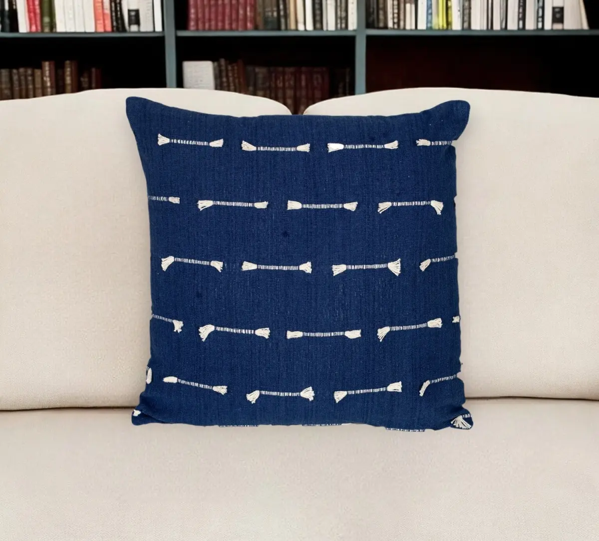 18 in. Square Hand-Woven Dark Blue Striped Cotton Throw Pillow with 360 Stand - Cotton Cover, Textured Finish, Fringe, Embroidery, Cozy, Bohemian Style, Bedroom Use, Cozy Bed Setup, Embellishments