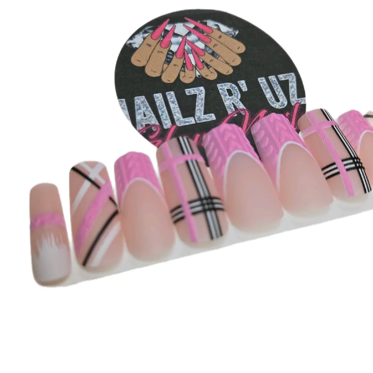 Nailz R Uz PressOn Nails 24pk for Easy and Quick Nail Art - Perfect for Manicure and Nail Care Nail Polish Cutics Comfort aquarius nailz Pink & Black Striped Design