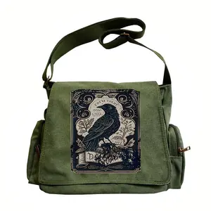 Women’s large-capacity shoulder bag with crow print, vintage flap tote crossbody bag, unisex messenger bag—suitable for various occasions like shopping, travel, and dining; an excellent gift choice.