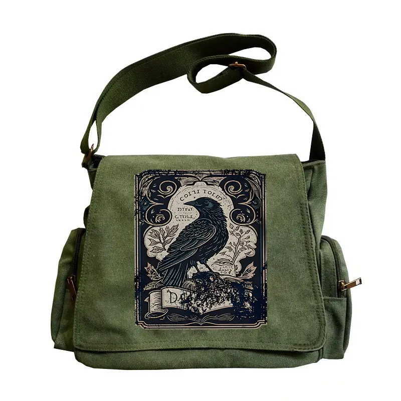 Women’s large-capacity shoulder bag with crow print, vintage flap tote crossbody bag, unisex messenger bag—suitable for various occasions like shopping, travel, and dining; an excellent gift choice.