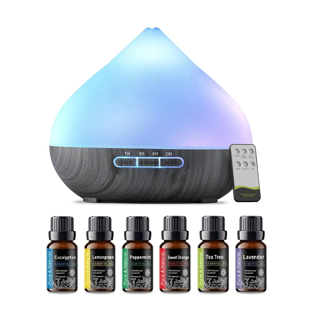 500ml Ultrasound Home Diffuser - Remote Control, Multicolor LED Lights, Portable Room Humidifier with 6 Essential Oils, Essential Oil Compatible, Portable Humidifier
