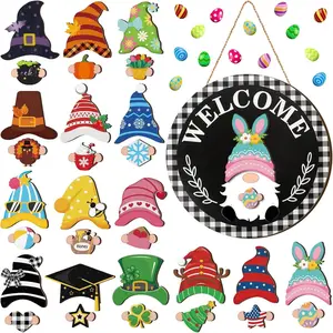 Interchangeable Wooden Gnome Decor Holiday Seasonal Gnome Decorations with Magnet Pieces and Detachable Hats Changeable Welcome Sign for Home(Trendy Style)