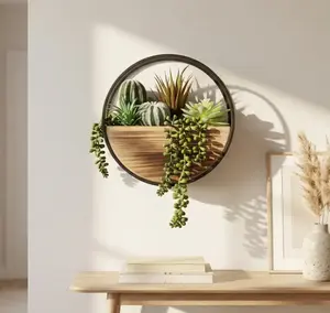 11” Wall Faux Succulent Arrangement in Round Metal Frame