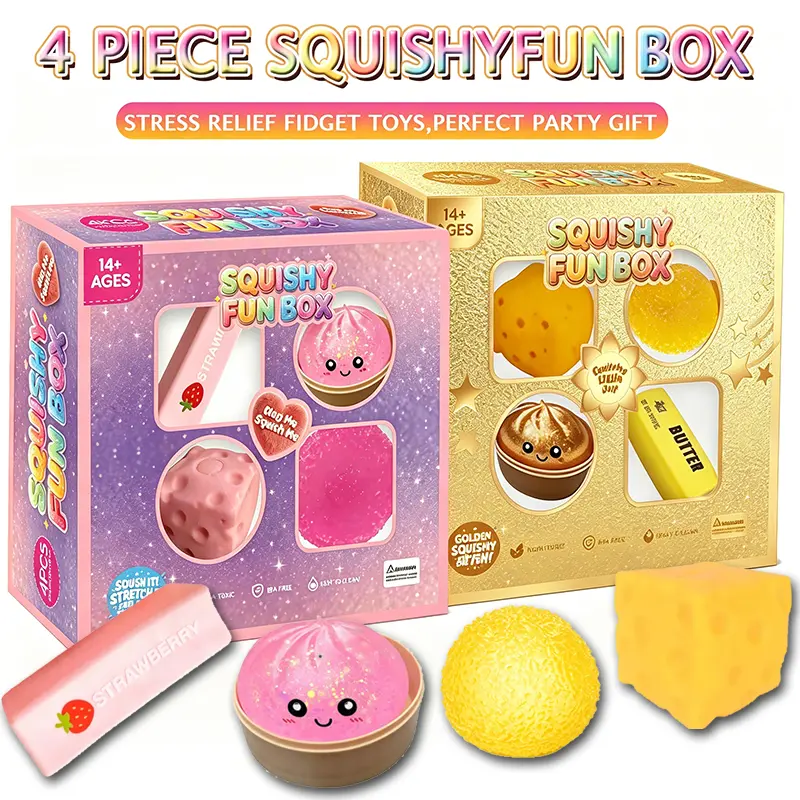 4PCS Squishy Toy Set Slow & Fast Rebound Silicone Stress Relief Toys Cute Food Shaped Fidget Toys Perfect for Kids Adults Party Favors Birthday Gift
