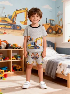Boys' 2-Piece Round Neck Short Set, Digital Print Excavator Pattern, Casual Comfortable Fitted Pajamas, All Seasons Wear