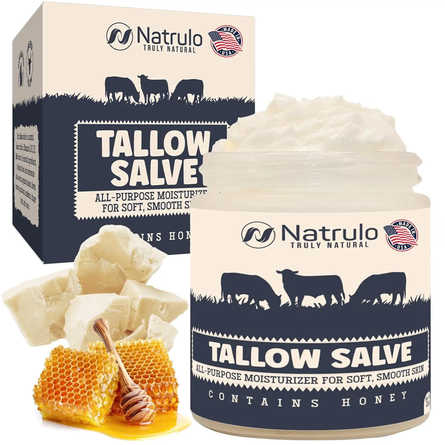 Natrulo All-Natural Grass Fed Beef Tallow & Honey Balm - Moisturizing Body Salve for Eczema Cracked Dry Itchy Irritated Skin - Skin Repair Skincare Made in USA