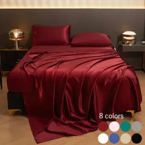 Solid Color Satin 4-Piece Fitted Sheet Set – Luxuriously Soft & Skin-Friendly – Includes 1 Flat Sheet, 1 Mattress Cover, and 2 Pillowcases – Ideal for Bedroom, Dorm, or Hotel – Available in Twin/Full/Queen/King Sizes