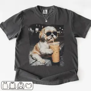 Shih Tzu Drinking Iced Coffee Shirt, Dog Owner Gift, Funny Animal Meme Tshirt, Vintage Photo Comfort Colors Tee