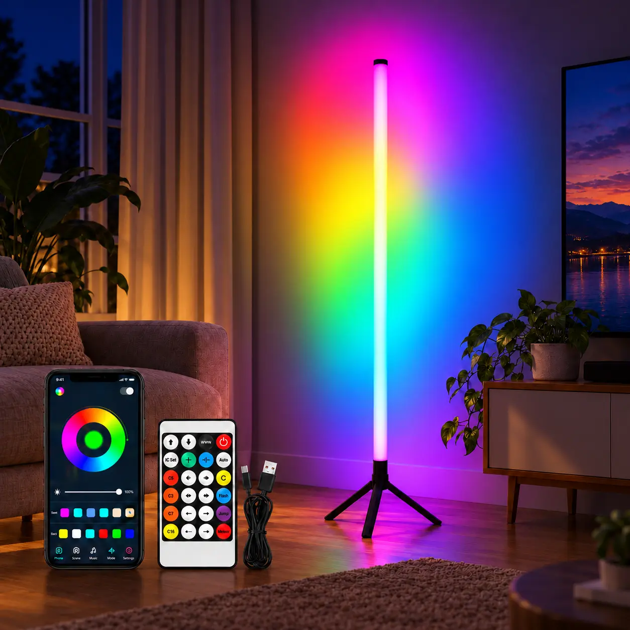 1PC/2PCS RGBIC Corner Floor Light for Room Decor, Music Sync LED Ambient Lamp with Flowing Multicolor Effects, App & Remote Control, Dimmable Brightness and Timer for Bedroom, Gaming Room & TV Area
