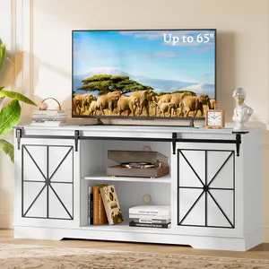 Farmhouse TV Stand for 65/60/55 Inch Tvs, Rustic Entertainment Center with Storage Cabinets & Sliding Barn Doors, Modern Media Console Table, Wood Television Furniture for Living Room, Bedroom, Black