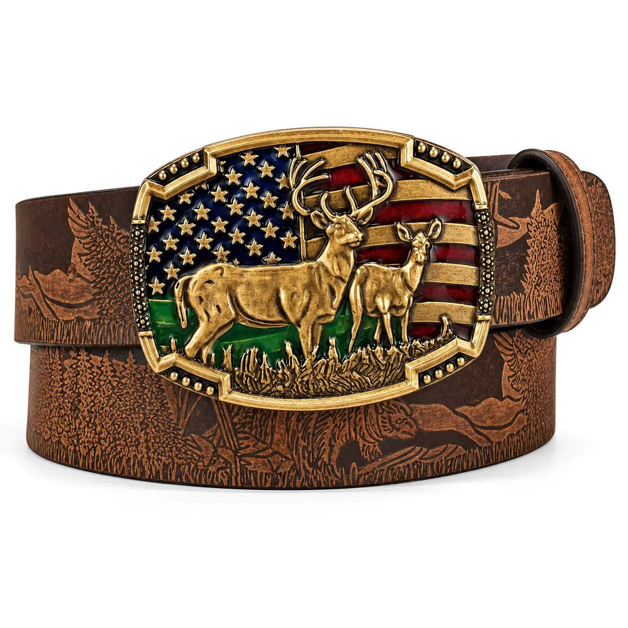 Men's Western Belt, Brown PU Leather Strap with Floral Engraving and an Ornate Bull Buckle for Jeans, Cow Hide, Belts, Brown Strap, Western Belts, Embossing