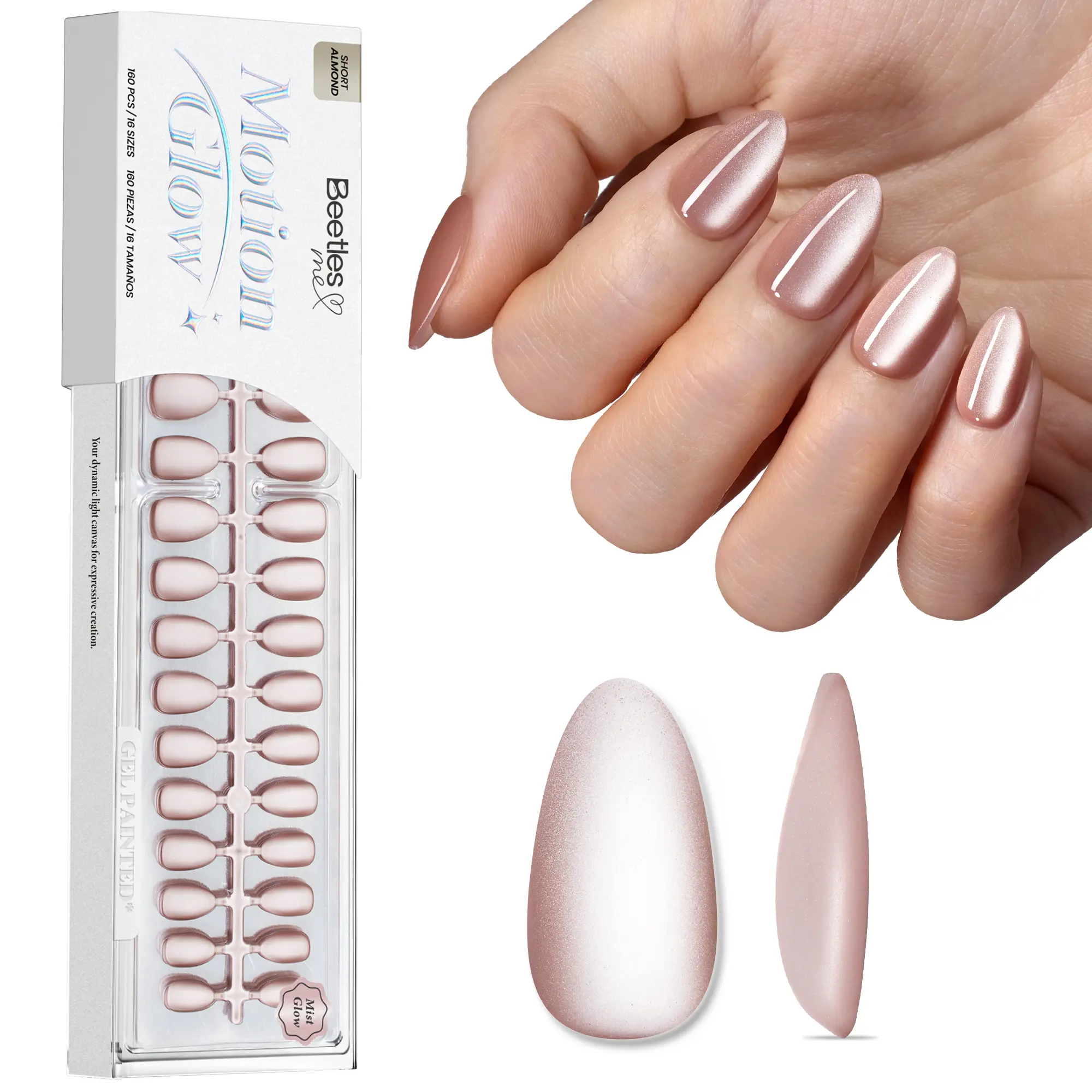 Beetles Motion Glow Nail Tips, Cat Eye Short Almond Nail Tips Set, Full Cover Fake Nail Tips Soft Nail Gel Extensions for Nail Art, 160PCS 16 Sizes, Salon Quality Look DIY Manicure