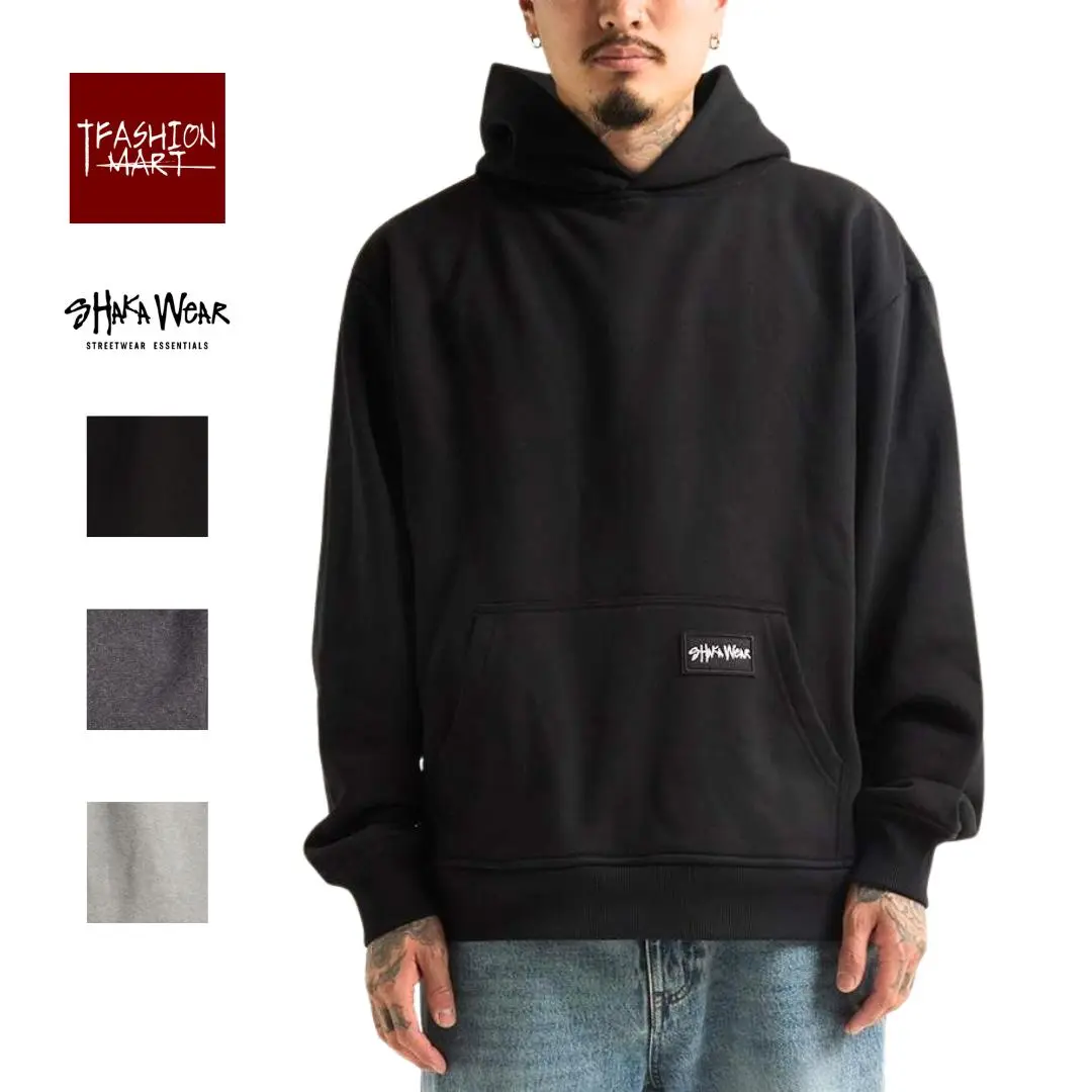 Shaka Wear Men's Super Heavyweight 450gsm Cotton Blend Solid Hoodie - Plain Pullover Long Sleeve Streetwear Tops with Pocket, Woven Logo & Cozy New Fit for Casual Ootd, Athleisure Wear