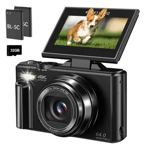 4K Digital Camera for Photography with 64MP, 3 Inch 180° Flip Screen, 18X Digital Zoom, 32GB Micro SD Card, 2 Batteries, Ideal for Gift
