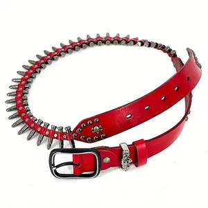 Red Genuine Leather Belt with Solid Metal Bullet studded for Women or men