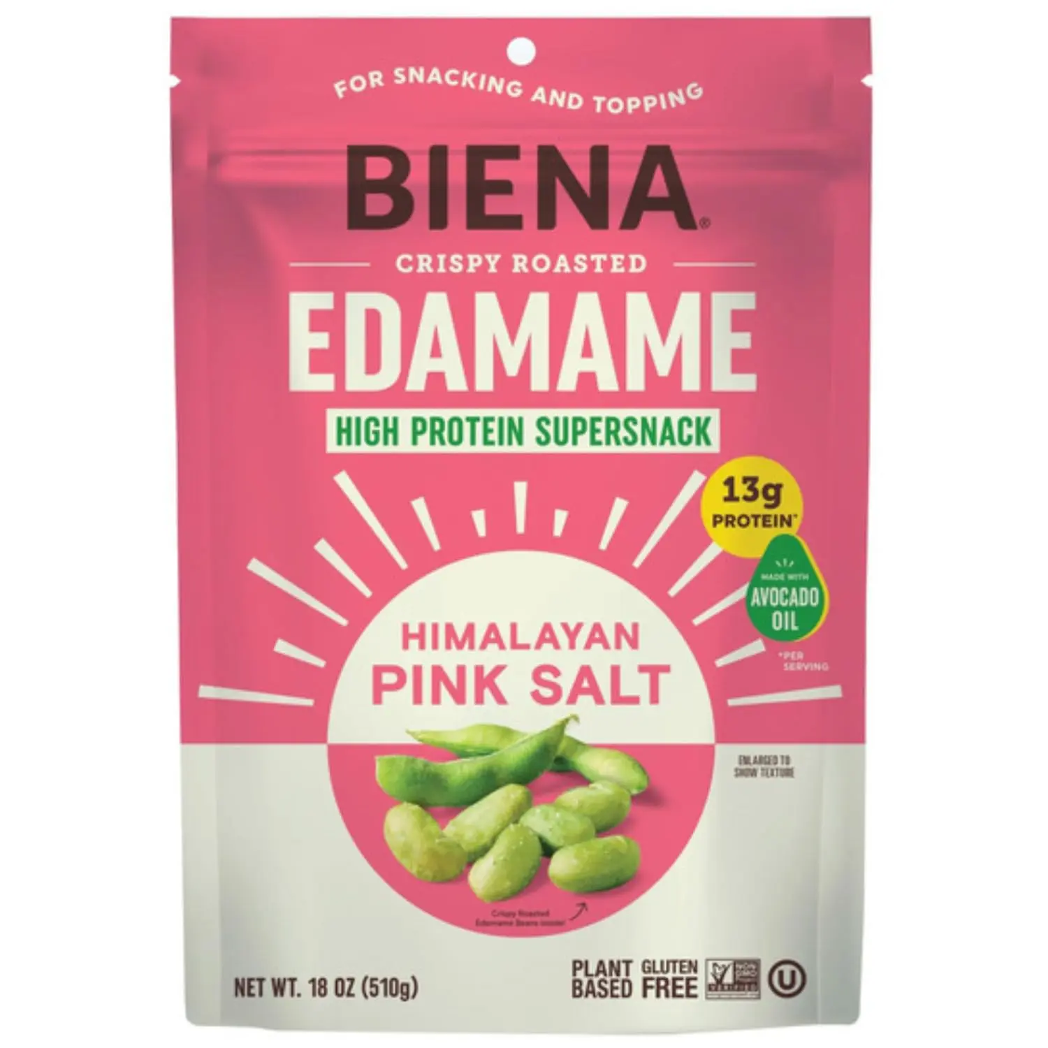 Biena Roasted Edamame Himalayan Pink Salt, 18 oz Bag, Crunchy Plant Based Protein Snack, Made with Avocado Oil, 11g Protein, 4g Fiber, Gluten Free, Vegan