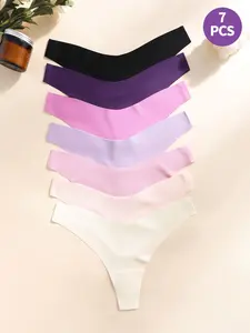 7PCS of Women's Low Waist Thong Underwear Set, Soft Comfy Panties, Comfortable Elastic and Breathable Plain Design for All Seasons, Sexy and Stylish Lingerie