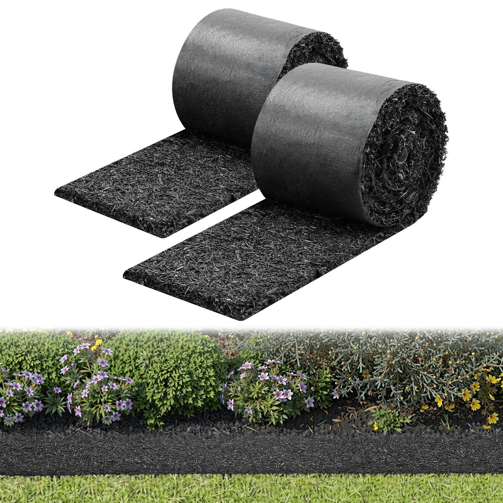 【SummerFinds】VEVOR Rubber Mulch Mat Roll, 2 Rolls 140 x 4.5 in, Recycled Rubber Permanent Mulch Edging Border, Natural-Looking Flower Barrier with Stakes, 0.5 in Thick Cuttable Garden Edgings for Landscaping