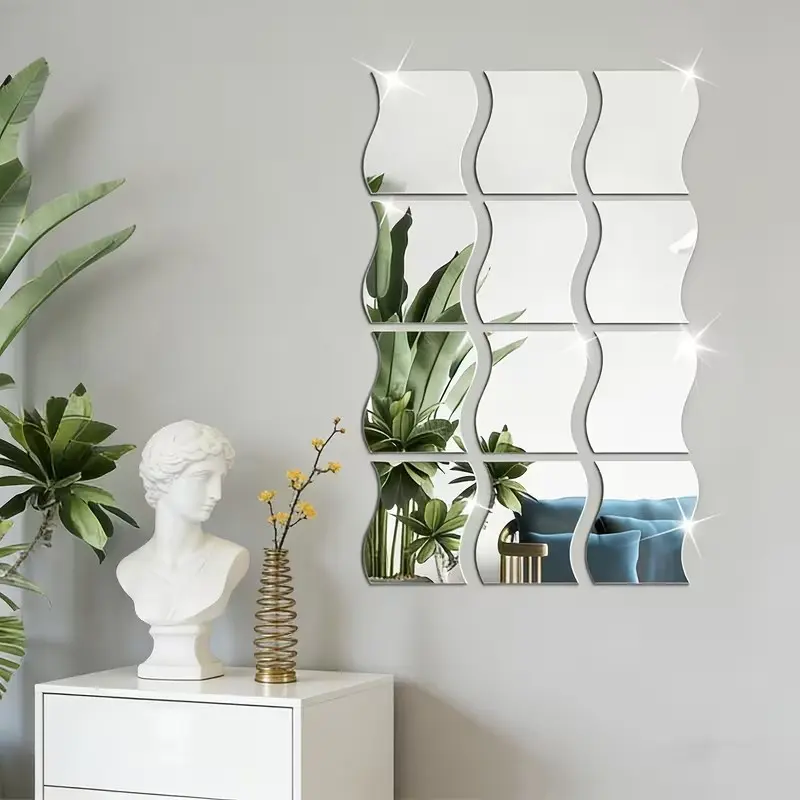 12pcs, Wave shaped silver mirror wall sticker, shatter resistant acrylic mirror sticker, DIY removable decorative sticker, suitable for bedroom, living room, bathroom, gym wall decoration, Home Decor, Decoration Items