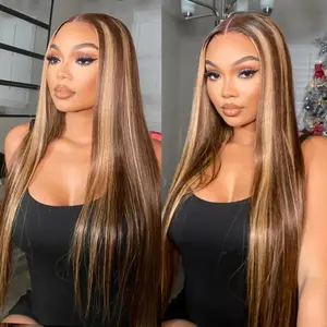 URody Straight Highlight Lace Front Wigs 13x6 hd Transprent Lace Front Wigs Human Hair Pre Plucked 4/27 Colored Honey Blond Wigs