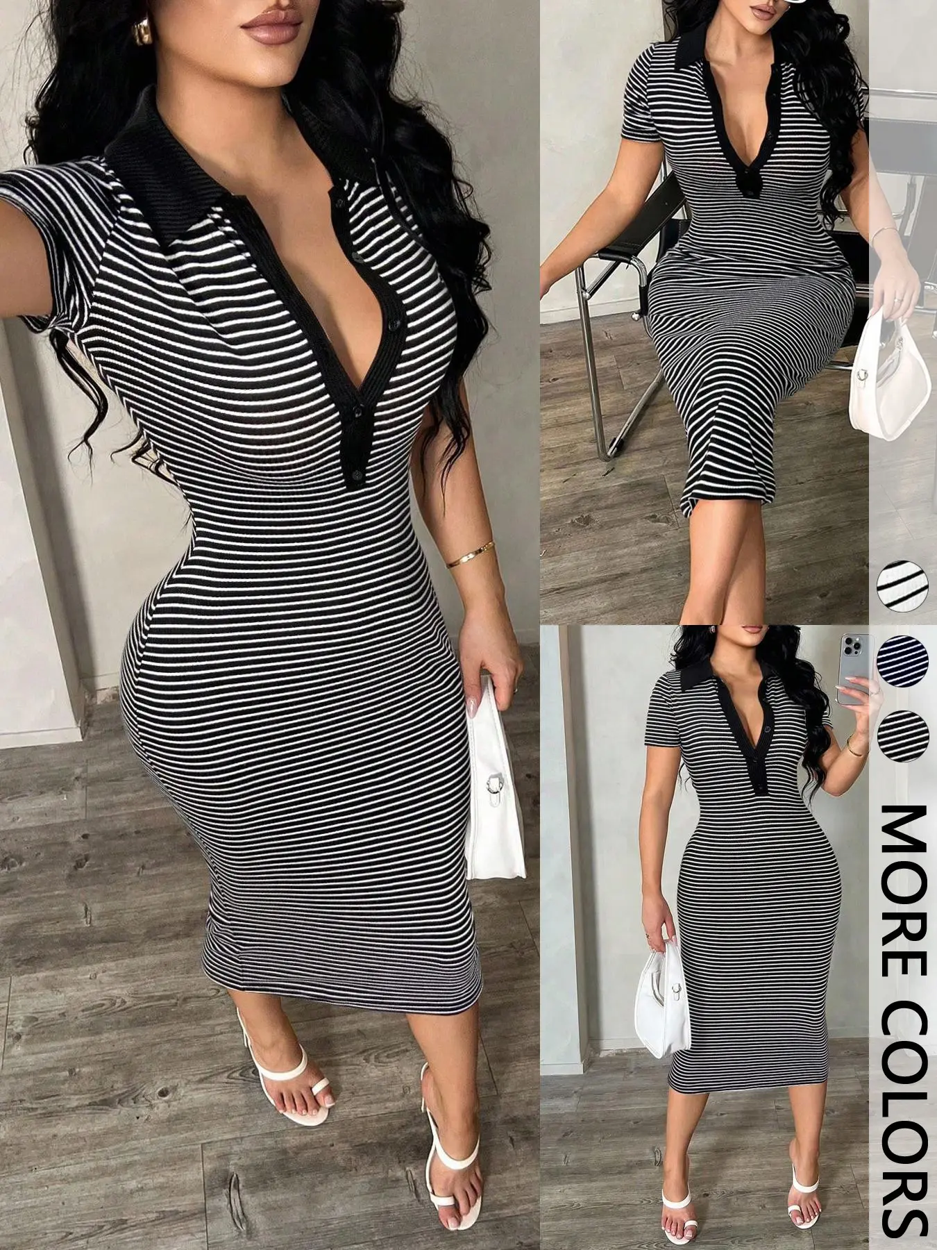 Women's Casual Minimalist Fashion Commute Style Short Sleeve Black & White Striped Polo Dress, High-Stretch Fitted Midi Dress