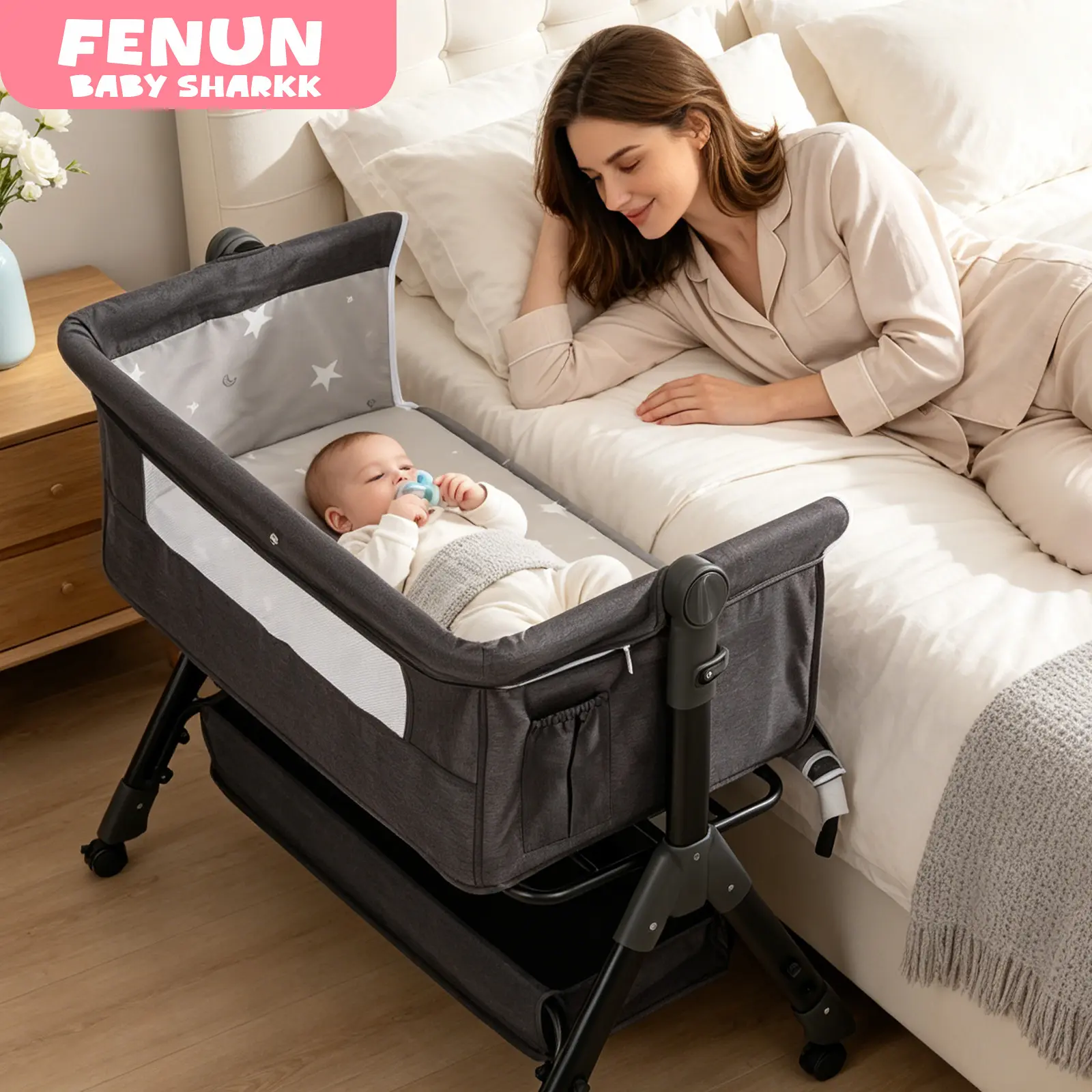 Baby Bassinet, Crib for Infant and Newborn, Bedside Sleeper with Storage Basket and Mosquito Net, Easy to Fold, Height Adjustable, Portable Side Bed Crib portable Baby Furniture Stock Up