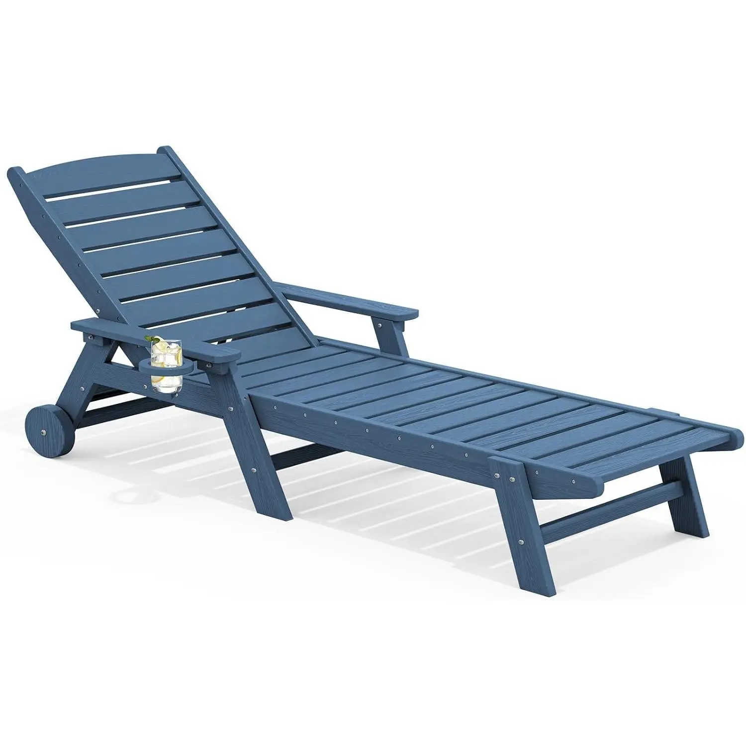HDPE Outdoor Patio Chaise Lounge Chair - 78'' Long Sun Tanning Chair with 5-Angle Backrest, 5-Positions Adjustable, Rolling Wheels, Cup Holder, Easy Soap Clean for Poolside, Deck