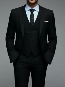 Men's 3pcs Slim-Fit Black Suit Set with Vest, Pants & Notched Collar - Exquisite Suits - Wedding, Business, Prom, Funeral Tailoring - All-Season Formal Wear (No Stretch) - Complete Suit Jacket & Trousers Outfit