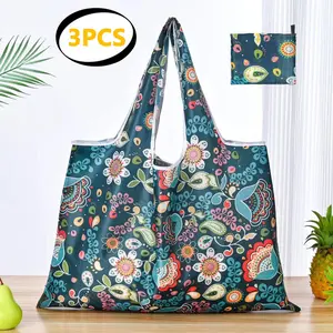 3 Pack Reusable Grocery Shopping Bags Foldable Grocery Tote Bags with Attached Bags Machine Washable Eco-Friendly Folding Colorful Durable