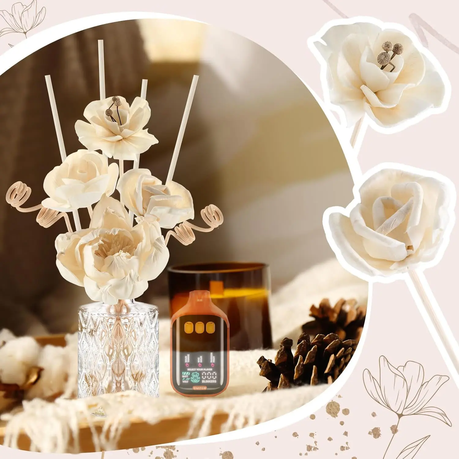 Boutique V5 Flower Reed Diffuser Set for Bathroom Air Fresheners, Home Fragrance Reed Diffuser for Bathroom Shelf Decor Oil Defusers | Fresh Linen/Ocean/Eucalyptus & Mint Fruit Scent Shelf Decor