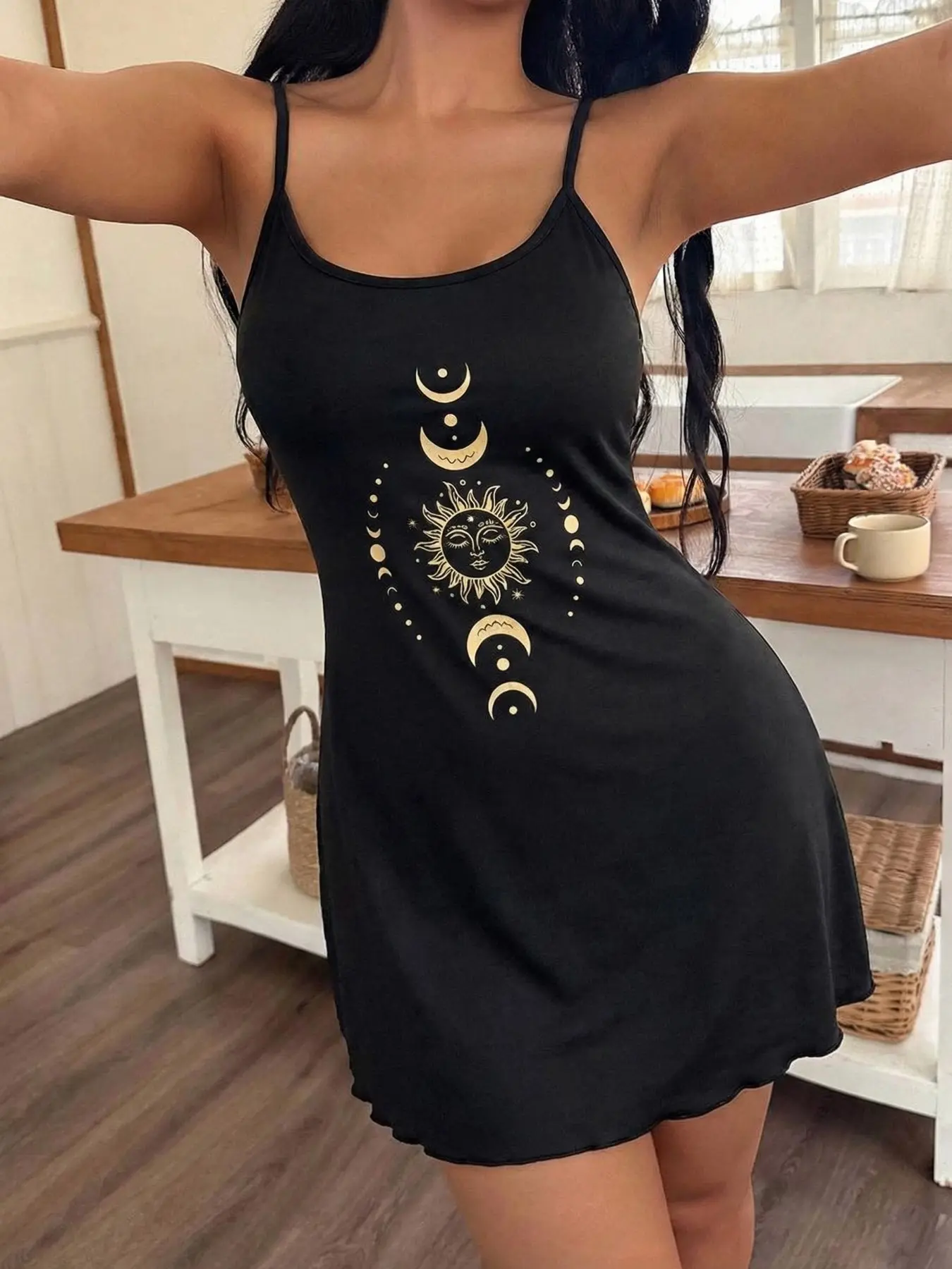 Strapless Sleepwear Dress Loungewear, Moon Sun Print, Wave Hem Skirt, Mystical Lazy Style Sexy Nightgown, Nighty Dress, Strapless Home Dress, Nightdress Sleeveless