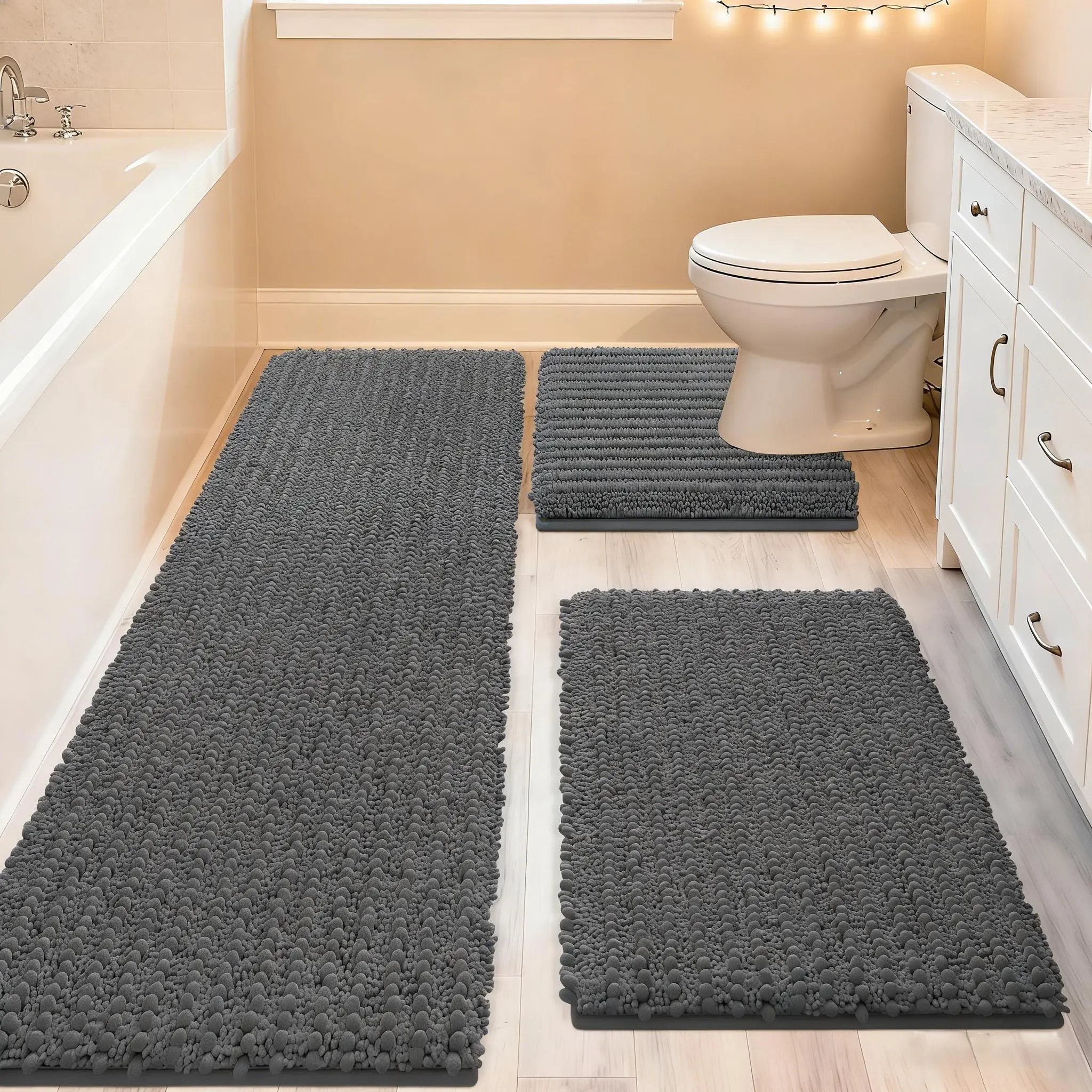 ACCUMTEK Upgraded Extra Large Rectangle 3-Piece Bathroom Rug Set - Ultra Soft Thick Water Absorbent Chenille, Non Slip Shower Mat & Toilet Mat for Bathroom Bedroom, Absorbent Bath Mats