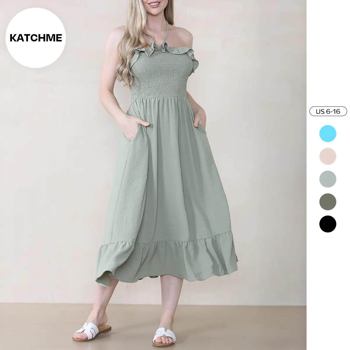 KatchMe Women's Lovely Sleeveless Frill Front Tie Thin Waist Pleated Maxi Dress,Plain Strapless Ruched Lace-Up Pocket Tube Dress,Fresh Womenswear
