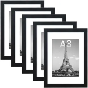 Wooden A3 Frame Set (5 Pieces), A4 (5 Piece Set) Ideal for Wall Mounting, Hanging and Desktop Display, Elegant Wooden Photo Poster Frames